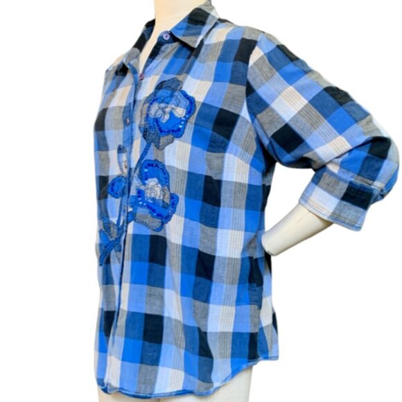 Westbound Blue Buffalo Plaid Button Front Embroidered Flowers Sequins Sz 1X #88i - Picture 4 of 8